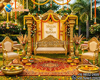 Ensemble de balançoires en bois sculptées à la main Maharaja pour la décoration de la scène de Mehndi et de la soirée au henné, ensemble de chaises balançoires Grand Golden Marriage Jhula UK
