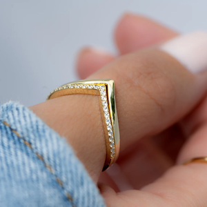 Customized 18K Solid Gold Lab Diamond Chevron <b>Ring</b> Set with a Sleek <b>Plain</b> Band V <b>Ring</b> Set Eternity Stacking Curved Wedding Band - Product Image 6