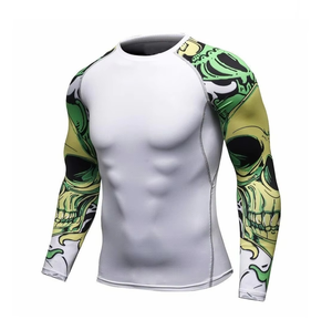 Rashguard de compresión de poliéster de manga larga para hombre, con estampado personalizado de calavera blanca y verde, de secado rápido, para BJJ, al por mayor - Product Image 2