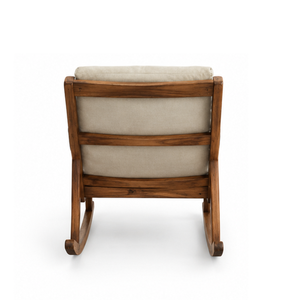 Silla Mecedora de Madera de Teca Sólida con Cojín Beige, Reposabrazos Curvos y Base de Madera para Muebles de Sala de Estar Interior - Product Image 5