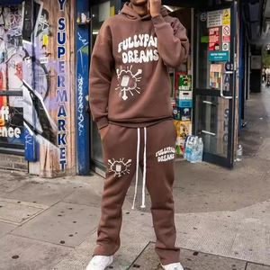 Men's Winter Solid <b>Oversize</b> <b>Sweatpants</b> Suit Breathable Cropped Hoodie Jogger Set with Logo Track Suits for Adults - Product Image 1