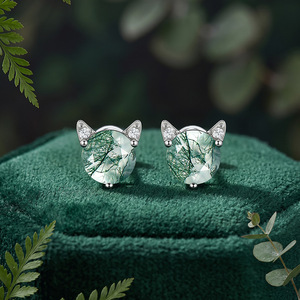 Jeulia Minimalist Cat Shape Moss Agate <b>Stud</b> Earrings Rose Gold Sterling <b>Silver</b> - Product Image 5