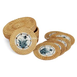 Juego de Posavasos Decorativos Bohemios de Ratán con Bandeja Tejida Natural de Vietnam para Café, Té y Decoración Diaria de la Mesa del Hogar - Product Image 1