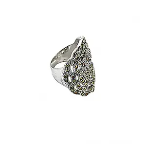 Women's 925 Silver Marcasite <b>Statement</b> <b>Ring</b> Boho Geometric Style with Emerald Cut Stone Rhodium Plated Rhodium Inlay Setting - Product Image 3