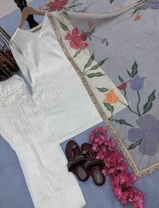 Heavy Designer Japan Satin <b>Silk</b> Glamorous Fully Stitched Top & Palazzo With Tabby <b>Organza</b> With Chiroski Work With Print Dupatta - Product Image 6