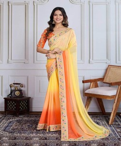 DISEÑADOR GEORGETTE BORDADO ENCAJE TRABAJO SAREE CON BLUSA SIN COSTAR DESPIECE PRECIO AL POR MAYOR ROPA ÉTNICA AMARILLO - Product Image 1