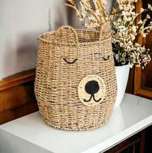 Cesta de almacenamiento de algas marinas naturales de ratán, cesta de jacinto de agua con cara de Animal, cesta de mimbre para almacenamiento de juguetes, decoración del hogar - Product Image 2