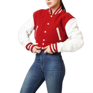 Chaquetas Varsity Personalizadas para Mujer, Color Sólido, Transpirables, de Lana, con Cuello en V, Chaquetas Cortas con Decoración de Apliques - Product Image 1