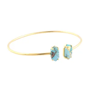 Customized Creative Mohave Sky Blue Copper Turquoise Double Stone Bangle 24K Gold Plated Prong Set Open Adjustable Cuff Bracelet