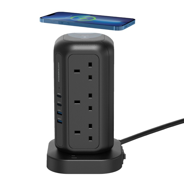 Powerology GaN Tower Hub 20W Multifunction Chargers for Computer Camera & Microphone Black with AC Sockets