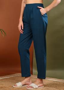 Pantalon en coton slub bleu sarcelle respirant pour femmes avec poche pratique, coupe régulière, pour le travail, les voyages, le quotidien - Product Image 4