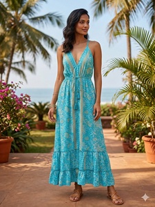 Talla Única Y2K Estilo Boho Natural, Vestido Maxi de Seda Tejida India con Estampado Geométrico, Cuello en V, Sin Mangas, Casual, con Aberturas y Volantes, Estilo Coreano de Verano - Product Image 3