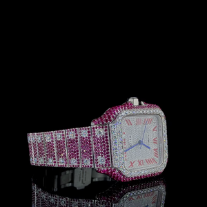 Red Ruby White Moissanite Diamond Full Iced Square Antique Quartz Glass Stainless Steel White Plated Roman Indices <b>Watch</b> Perfect - Product Image 2