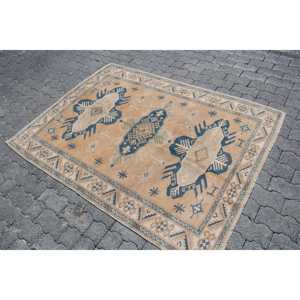 Alfombra Turca Vintage, Alfombra de Lana Azul del Suroeste de 4.2x5.6 pies - Product Image 2