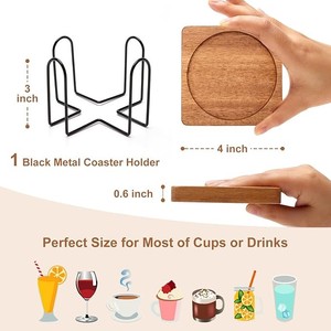 Solid Wood Square <b>Coaster</b> Set with Metal Holder Heat Resistant Durable <b>Drink</b> <b>Coasters</b> for Dining Coffee Table Decor - Product Image 2