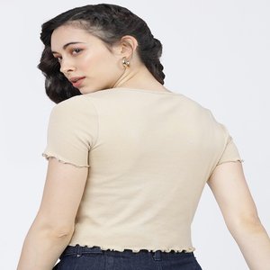 เสื้อยืดคอวีสีเบจสำหรับผู้หญิงเสื้อยืดแขนยาวปกติใส่ในฤดูร้อน - Product Image 4