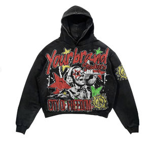 Custom Best Quality Regular Fit Dtg Printed Winter Men Distressed Ripped Raw Edge Fleece <b>Y2k</b> Graphic <b>Hoodie</b> - Product Image 5