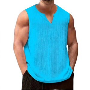 Camiseta sin mangas con cuello en V para hombre, blanca, informal, transpirable, de algodón tejido, de color sólido, holgada, para verano - Product Image 3