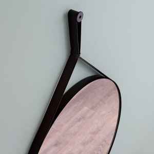 Round Design Bathroom <b>Mirror</b> with Stylish Black <b>Leather</b> <b>Strap</b> Frame - Product Image 2
