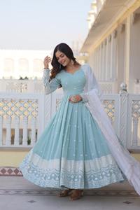 Robe Anarkali de créateur dernier cri en fausse georgette brodée, costume à motifs imprimés pour femmes, robe de mariage en organza pour adultes - Product Image 4