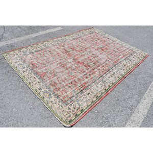 Tapis Turc Vintage 5.8X8.5 pieds Rouge Beige Laine Tapis Fait Main Patchwork Rayé Rectangulaire 10mm Latex pour Salon Couloir - Product Image 2