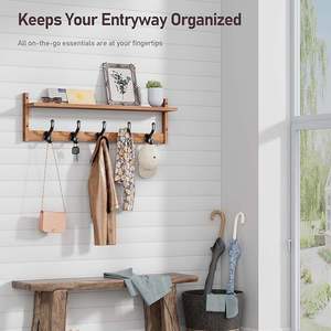 Organizador de Juguetes para Montar en la Pared con Estante, Ganchos de Madera con Almacenamiento, 5 Colgadores para Guardar Bolsas, Diseño Moderno Multifuncional - Product Image 3