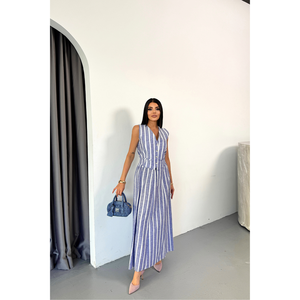 Ensemble de robe décontractée avec veste rayée en lin bleu et jupe longue - Product Image 6