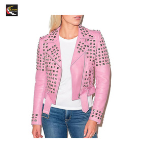 แจ็กเก็ตหนังสีชมพูประดับหมุดสำหรับผู้หญิงเสื้อผ้าชั้นนอกมีสไตล์ - Product Image 5