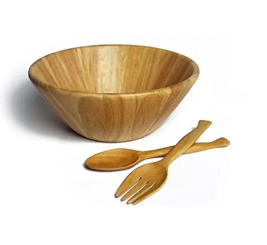 Mangkuk makanan kayu alami kualitas terbaik dengan sendok dan garpu mangkuk aduk tanggal coklat peralatan dapur buatan tangan mangkuk makanan