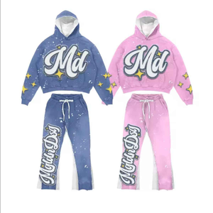 Sweat à capuche court imprimé bouffant ensemble de pantalons de survêtement évasés hommes élégant 100% coton survêtements de qualité supérieure ensemble 2 pièces - Product Image 1