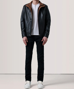 Veste en cuir pour homme, design à double boutonnage, logo sur le devant, imperméable, coupe-vent, respirante, lavée, hiver, solide, élégante - Product Image 2