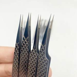 Juego de pinzas para extensiones de pestañas de acero inoxidable sólido profesional de alta calidad, punta de fibra de Plasma negra, agarre de diamante sostenible - Product Image 3