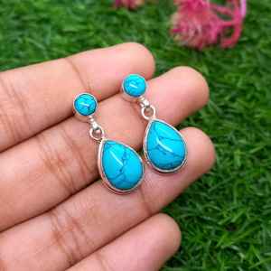 ต่างหูเงินแท้ชุบทองประดับเทอร์ควอยซ์ งานฝีมือทำมือน่ารักสำหรับผู้หญิง คุณภาพสูง ขายส่ง - Product Image 4