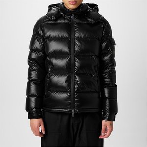 Veste matelassée pour homme de qualité supérieure, noire avec capuche, effet brillant, couture apparente, pour l'hiver, maintien au chaud, design avec logo - Product Image 4