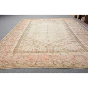 Alfombra de lana turca Vintage de 6x9 pies, respaldo de látex de tejido plano de retazos beige y rosa para decoraciones de sala de estar - Product Image 3