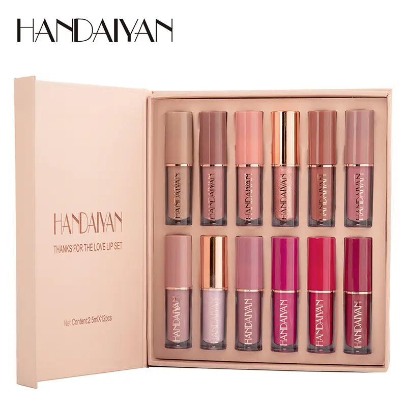 HANDAIYAN Lip Gloss Matte beludru, Perona bibir tahan air dan tahan lama untuk kosmetik riasan 24 jam 12 buah/set