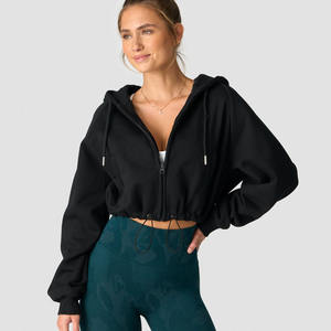 Venta al por mayor OEM personalizado negro recortado mujeres Zip-Up sudaderas con capucha antiarrugas transpirable gimnasio entrenamiento y Activewear Sudadera con capucha para las mujeres - Product Image 1