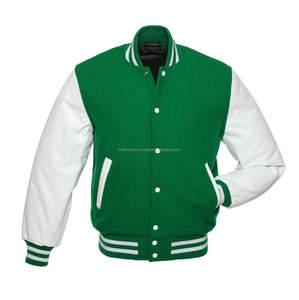 Chaqueta de bombardero universitaria unisex, cuerpo de lana de lona, Mangas de cuero, soporte, verde, blanco, bordado personalizado, cierre de botón cubierto, listo - Product Image 3