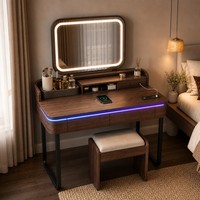 Coiffeuse intelligente en noyer avec éclairage LED RGB, miroir lumineux et chargeur sans fil pour chambre à coucher