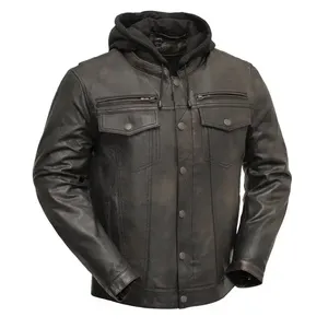 Blouson en cuir noir à capuche pour homme, coupe-vent et respirant, pour la course moto et les sports automobiles, avec protections homologuées - Product Image 1