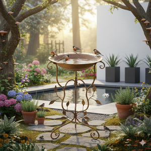 Fontaine à eau en fer de luxe pour oiseaux avec piquet pour la décoration du jardin et de la pelouse - Design moderne, finition thermolaquée - Product Image 2