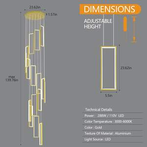 Oferta exclusiva: lámpara colgante moderna de altura ajustable, luces colgantes LED doradas de 288W, candelabro rectangular de 16 anillos - Product Image 4