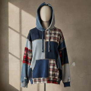 OEM Custom Scrap Fabric Design Winter Women's Front Logo Hoodie Sustainable Fashion Reworked Denim and <b>Flannel</b> Pullover - Product Image 1