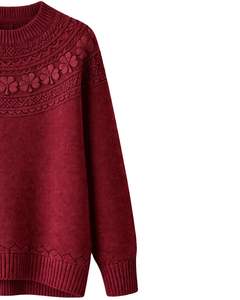 Customized Burgundy Jacquard Knit Sweater Floral Textured Crew Neck Long Sleeve Winter Pullover For Women Custom Wholesale - Product Image 3