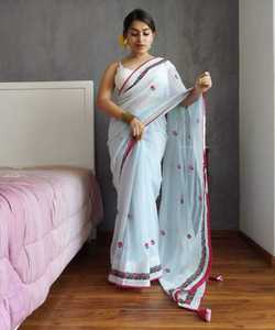 Saree femmes portent Sari meilleur prix tenue de fête avec belle pièce de chemisier indien adultes soutien 500 inde et Pakistan rouge et Beige Alphanumero - Product Image 4