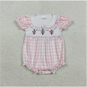 SR3756 Romper de burbujas para bebé niña con bordado de cruz de Pascua y cuadros rosas - Product Image 6