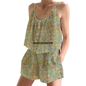 Conjunto de Pijama Corto con Estampado de Bloques Suaves para Mujer, Pijama Largo para Primavera/Verano, Floral, Ajustado, con Tirantes, sin Mangas - Product Image 6