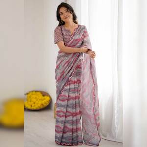 ساري حريري جورجيت أنيق بطباعة زهور وحواف مطرزة، سريع الجفاف ومناسب لجميع المواسم، للحفلات والتخرج والشاطئ والمناسبات الخاصة للنساء - Product Image 1