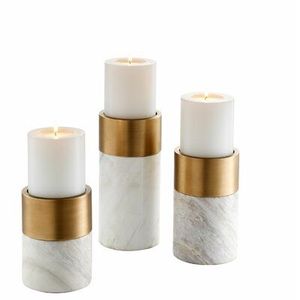 Set of 3 White & Gold Pillar <b>Candle</b> <b>Holder</b> Made of White <b>Marble</b> and Brass for Home and Wedding Tabletop Decoration - Product Image 3