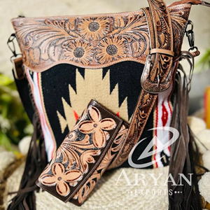 New Bohemian Hand Tooled Leather Saddle Blanket Tassel <b>Handbag</b> Stylish Hand Carving Leather Floral Wallet Combo Set for Women's - Product Image 1